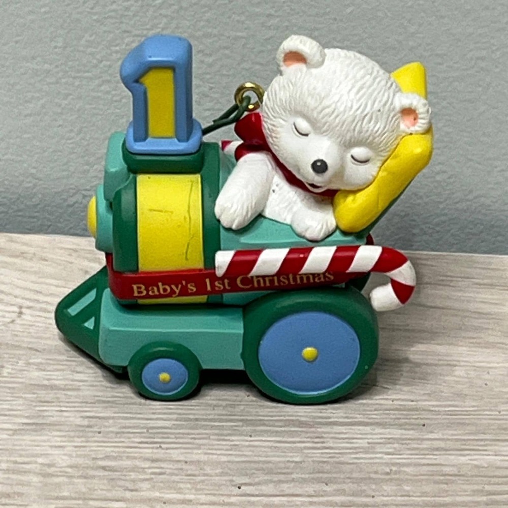 Hallmark 1999 Baby's 1st Christmas Peppermint Express Ornament Bear Train